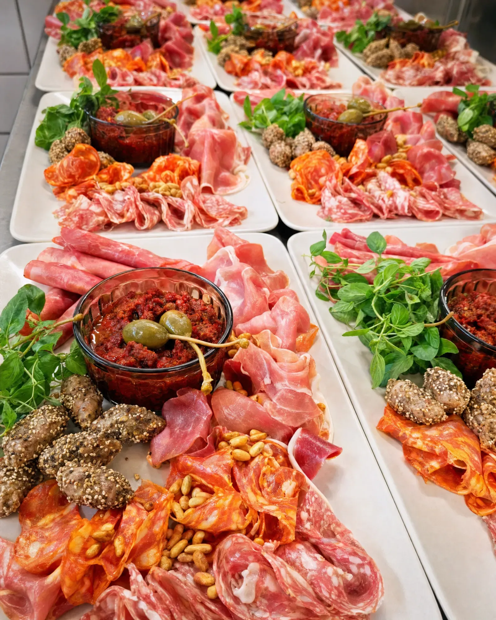 Tapasfade med lufttørret skinke, salami, pølser, oliven, tapenade og friske urter fra MÆSK